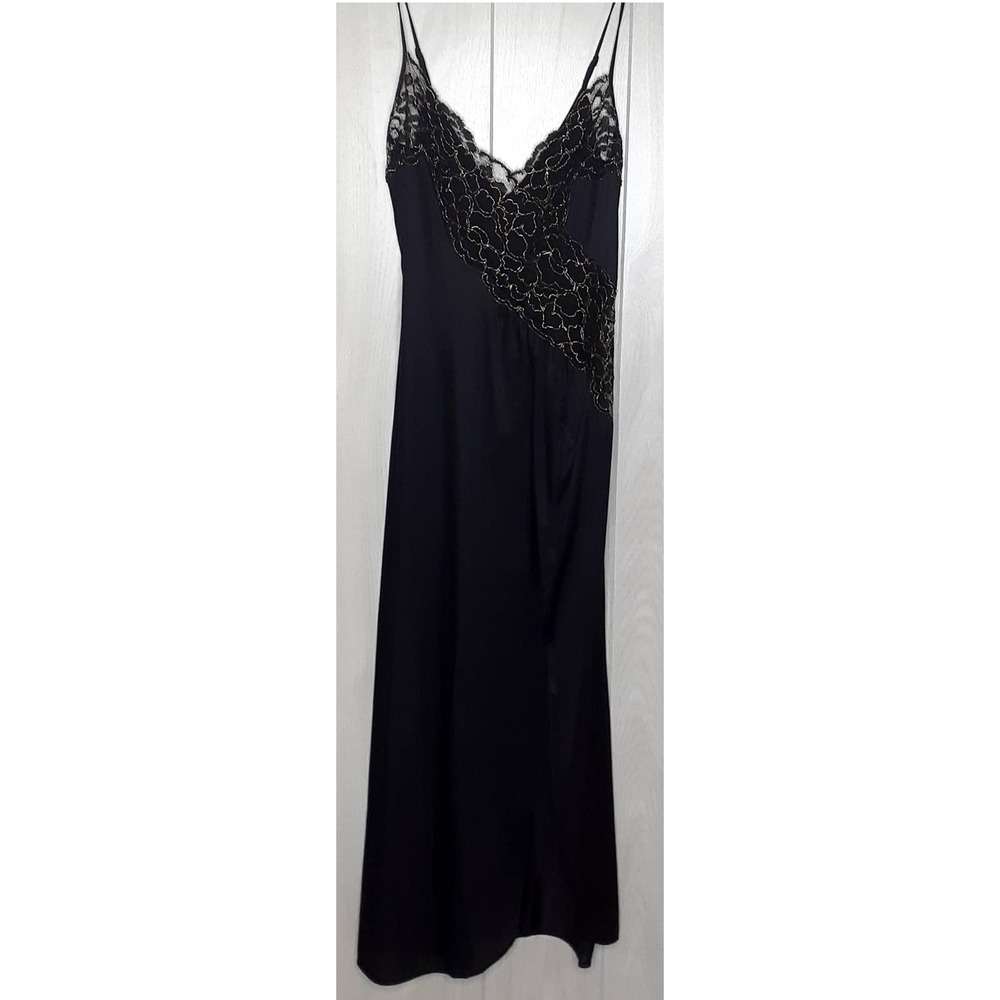 Ladies Colesce Collection Lingerie Black & Gold Long Chemise Size M High Slit